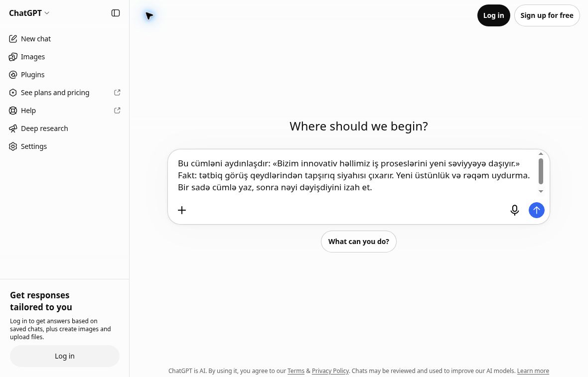 ChatGPT mesaj sahəsində ümumi reklam cümləsini konkretləşdirmək üçün göndərilməmiş redaktə sorğusu