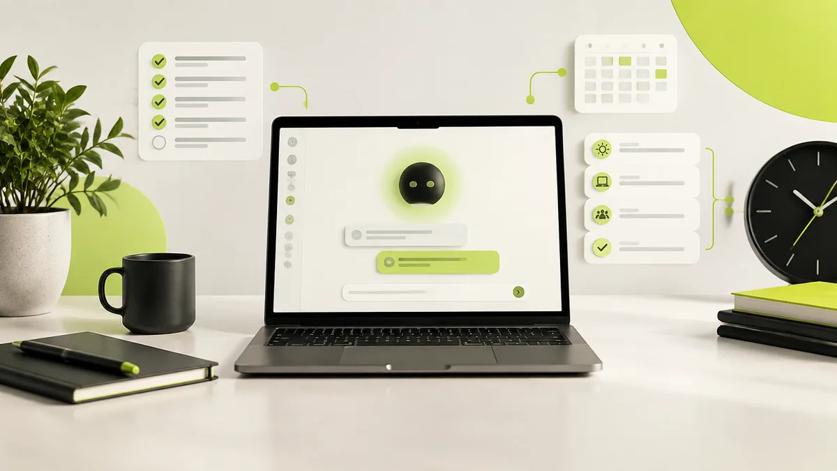 AI ilə məhsuldarlığı təsvir edən laptop və iş axını