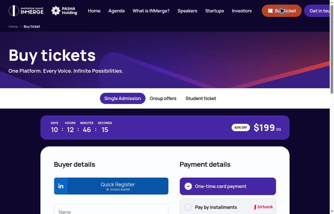INMerge bilet səhifəsində Single Admission seçimi və 199,99 ABŞ dolları qiyməti