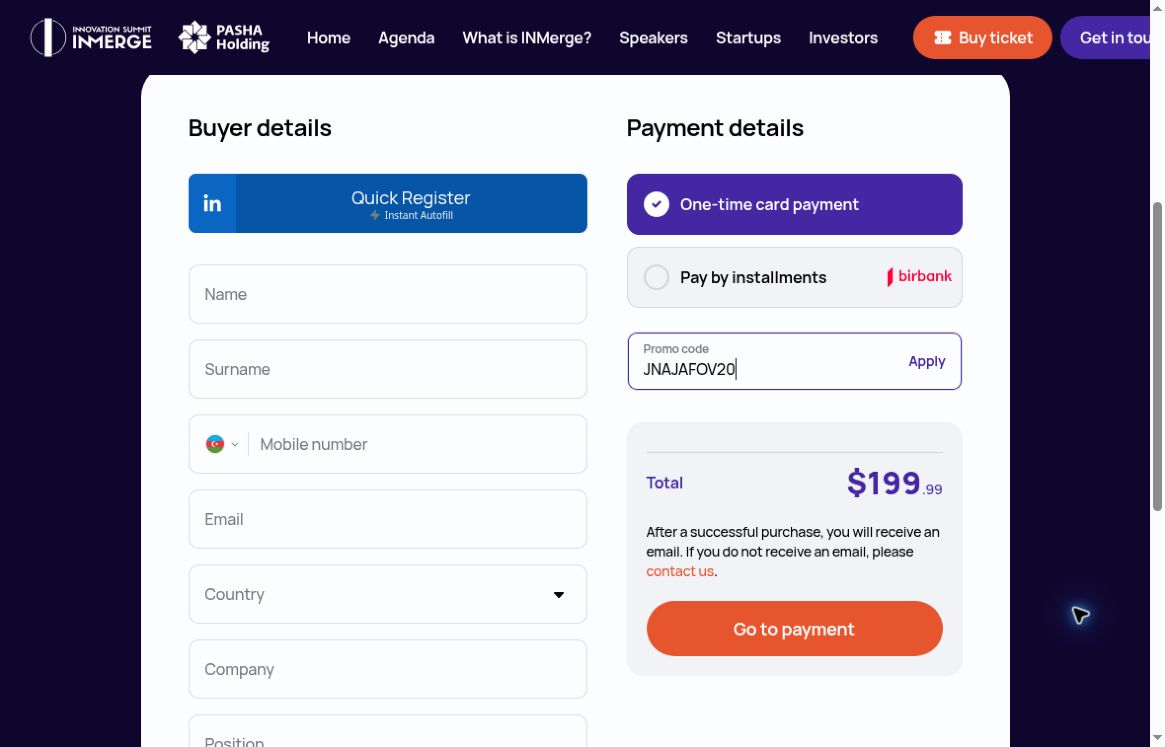 Payment details bölməsində Promo code xanasına JNAJAFOV20 kodunun daxil edilməsi və Apply düyməsi