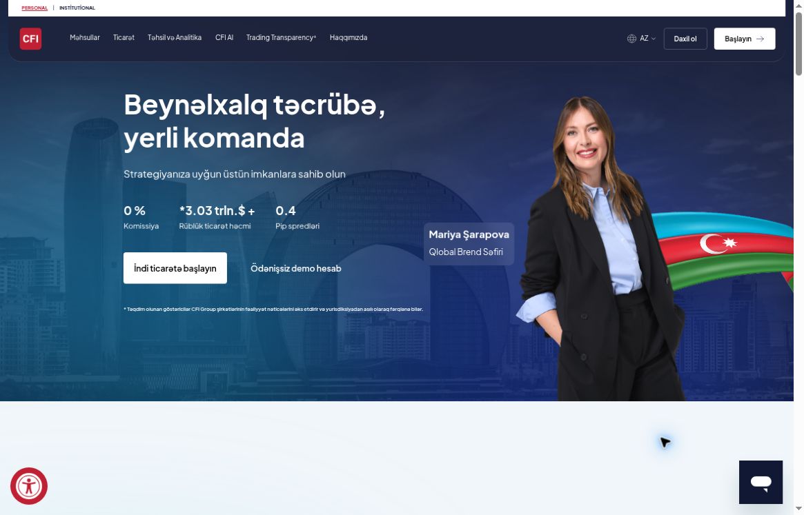 CFI Azərbaycan ana səhifəsində Ödənişsiz demo hesab keçidi