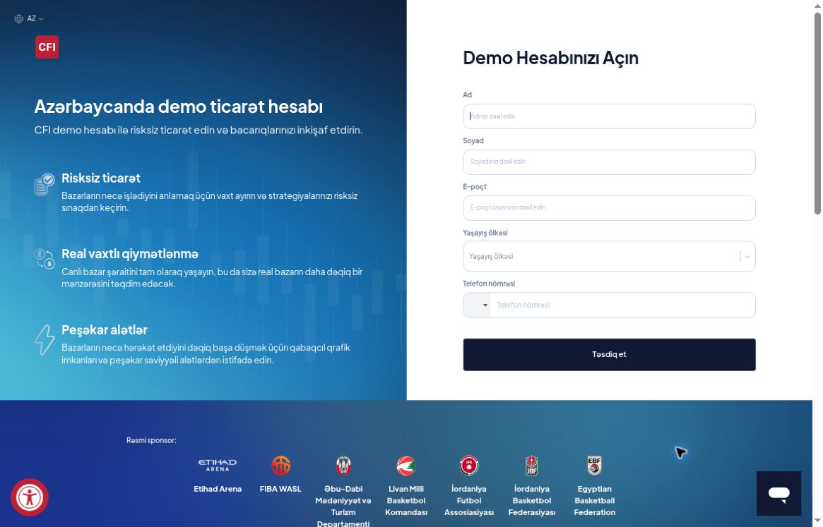 CFI demo hesabının şəxsi məlumat daxil edilməmiş forması